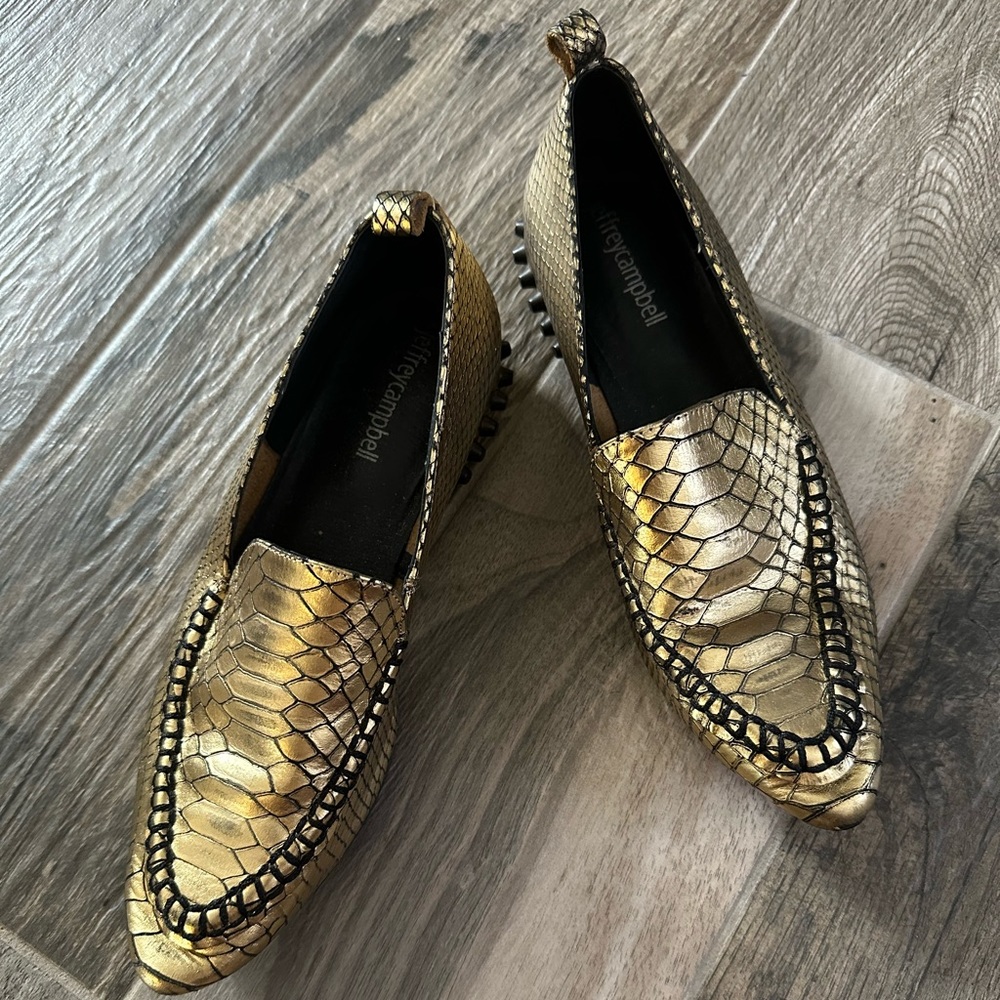 Jeffrey Campbell Slip on Pointy Barnett Gold Croco Shoes with Studs |